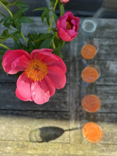 Jus de fruits frais du matin, avec des pivoines