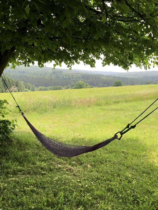 Hamac sous un arbre, vue sur les collines boisées